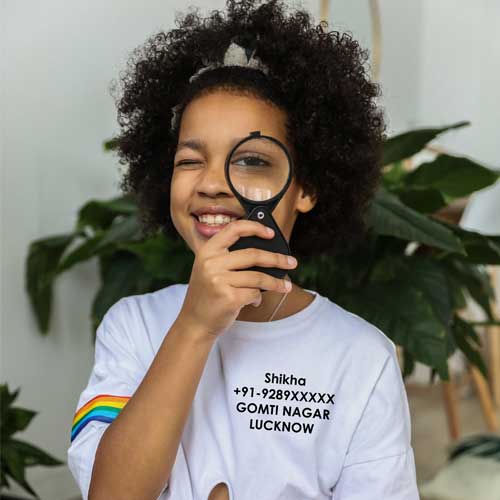 kid t-shirt with her address printed on it