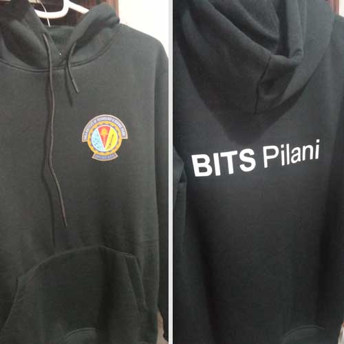 BITS Pilani logo printed in the front and the name on the back side of the Black Hoodie